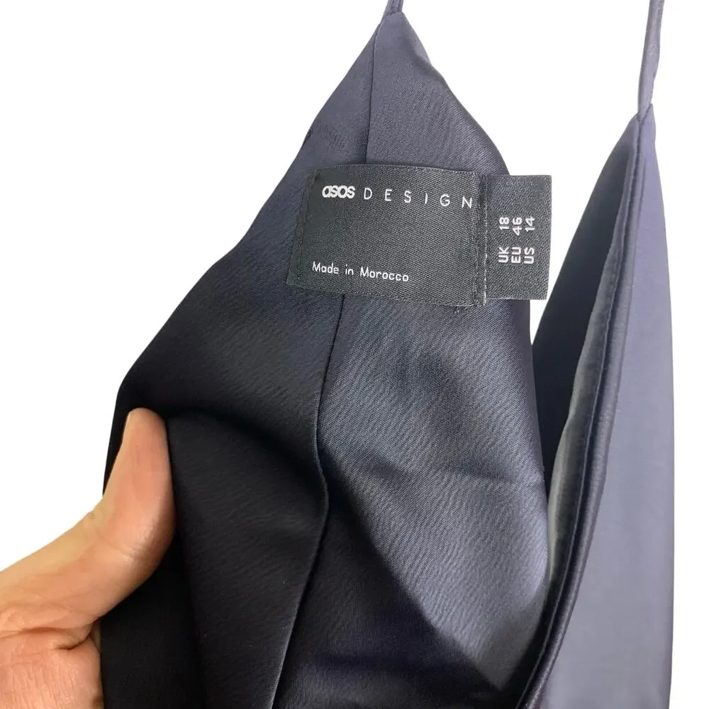 ASOS Design Black Satin One Shoulder Maxi Slip Dress Size 14 NWT